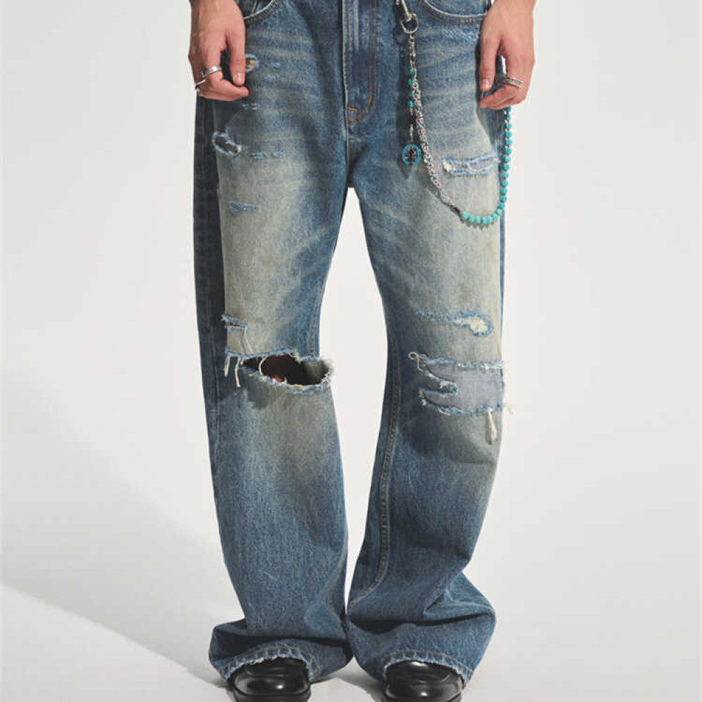 2024 Autumn Ice Blue Destroyed Patch Wide Leg Jeans Trendy Style Loose Straight Medium High Waist Thick Four Seasons Universal Youth Casual Non elastic Denim Pants image 2