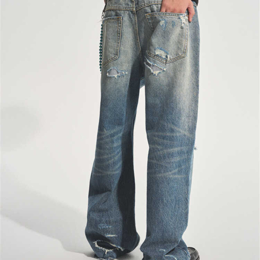 2024 Autumn Ice Blue Destroyed Patch Wide Leg Jeans Trendy Style Loose Straight Medium High Waist Thick Four Seasons Universal Youth Casual Non elastic Denim Pants image 3