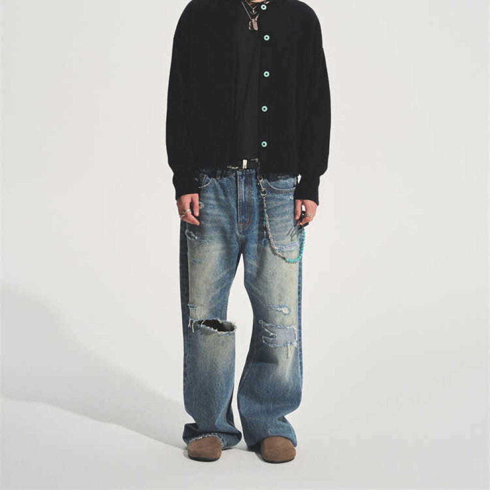 2024 Autumn Ice Blue Destroyed Patch Wide Leg Jeans Trendy Style Loose Straight Medium High Waist Thick Four Seasons Universal Youth Casual Non elastic Denim Pants image 4
