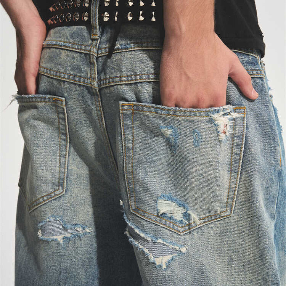 2024 Autumn Ice Blue Destroyed Patch Wide Leg Jeans Trendy Style Loose Straight Medium High Waist Thick Four Seasons Universal Youth Casual Non elastic Denim Pants image 5