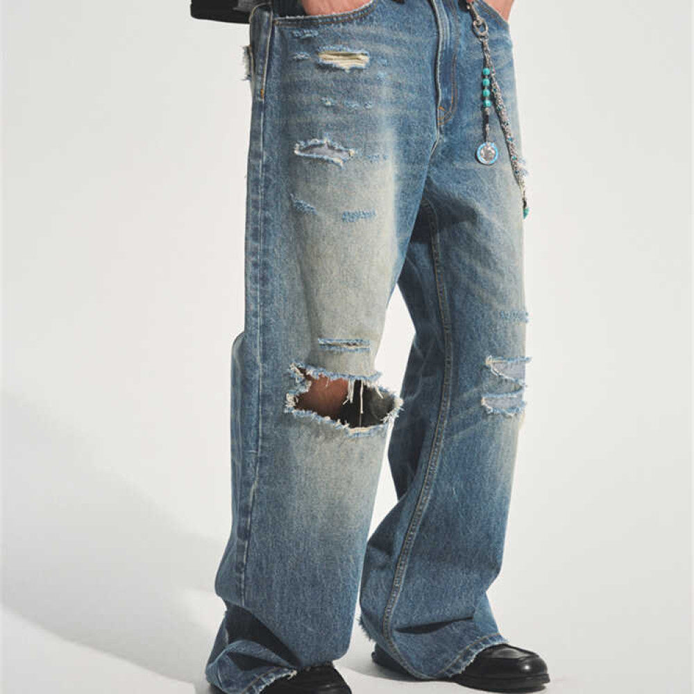2024 Autumn Ice Blue Destroyed Patch Wide Leg Jeans Trendy Style Loose Straight Medium High Waist Thick Four Seasons Universal Youth Casual Non elastic Denim Pants image 0