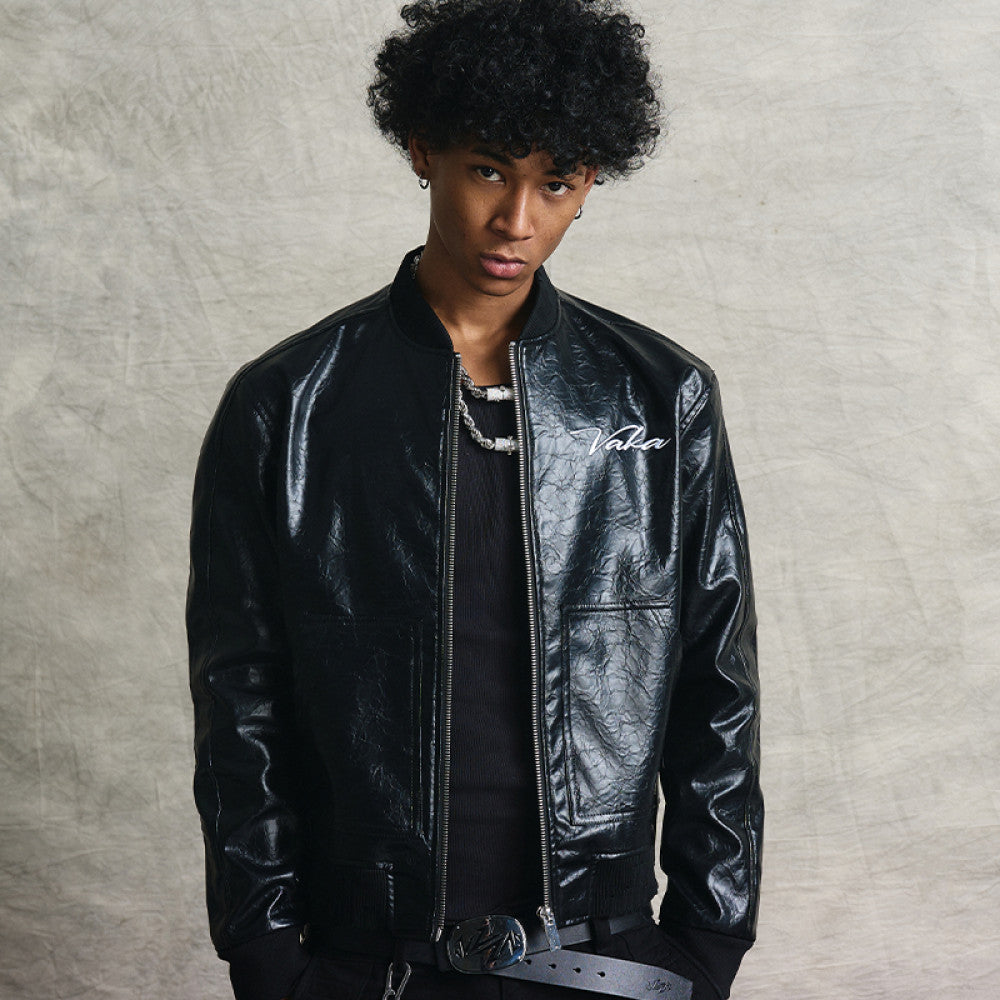 VAKA TYPESHYT Wrinkled texture heavy embroidery PU leather motorcycle jacket image 8