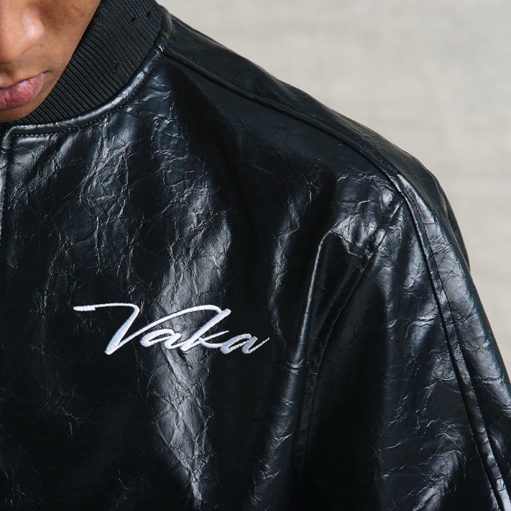 VAKA TYPESHYT Wrinkled texture heavy embroidery PU leather motorcycle jacket image 10