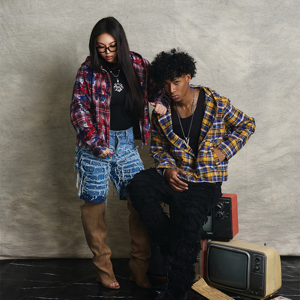VAKA TYPESHYT Tie dyed plaid brushed destroyed hooded embroidered sweatshirt jacket for men and women image 1