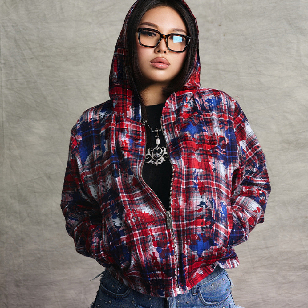 VAKA TYPESHYT Tie dyed plaid brushed destroyed hooded embroidered sweatshirt jacket for men and women image 2