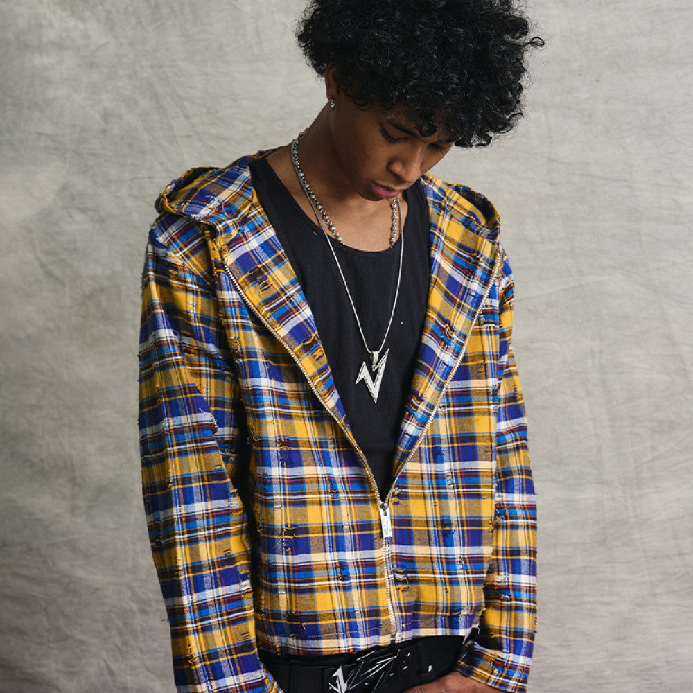 VAKA TYPESHYT Tie dyed plaid brushed destroyed hooded embroidered sweatshirt jacket for men and women image 3