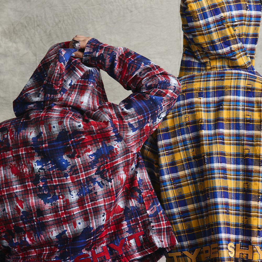 VAKA TYPESHYT Tie dyed plaid brushed destroyed hooded embroidered sweatshirt jacket for men and women image 5