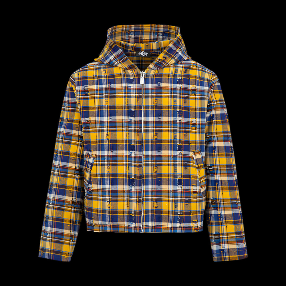 VAKA TYPESHYT Tie dyed plaid brushed destroyed hooded embroidered sweatshirt jacket for men and women image 14
