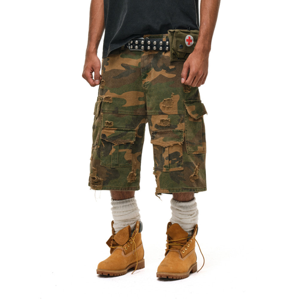 ANTIDOTE Destruction Camouflage Stone Grinding Water Washed Vintage Seven Leg Pants American Punch Work Pants Loose Wide Leg Shorts image 18