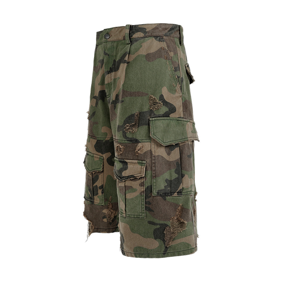 ANTIDOTE Destruction Camouflage Stone Grinding Water Washed Vintage Seven Leg Pants American Punch Work Pants Loose Wide Leg Shorts image 0