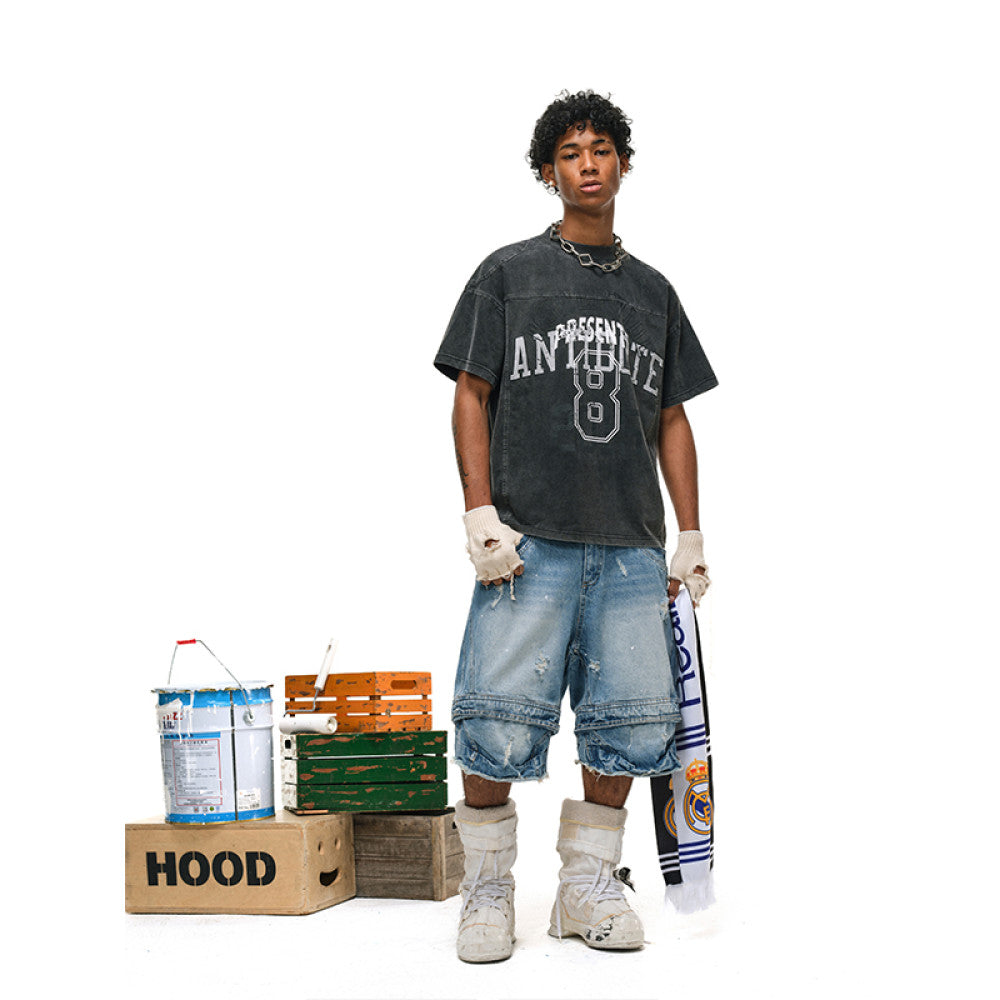 ANTIDOTE Destruction Ink Splash Denim Cropped Pants Retro Workwear Shorts Washed Splicing Five point Wide leg Pants Mid length Pants image 2