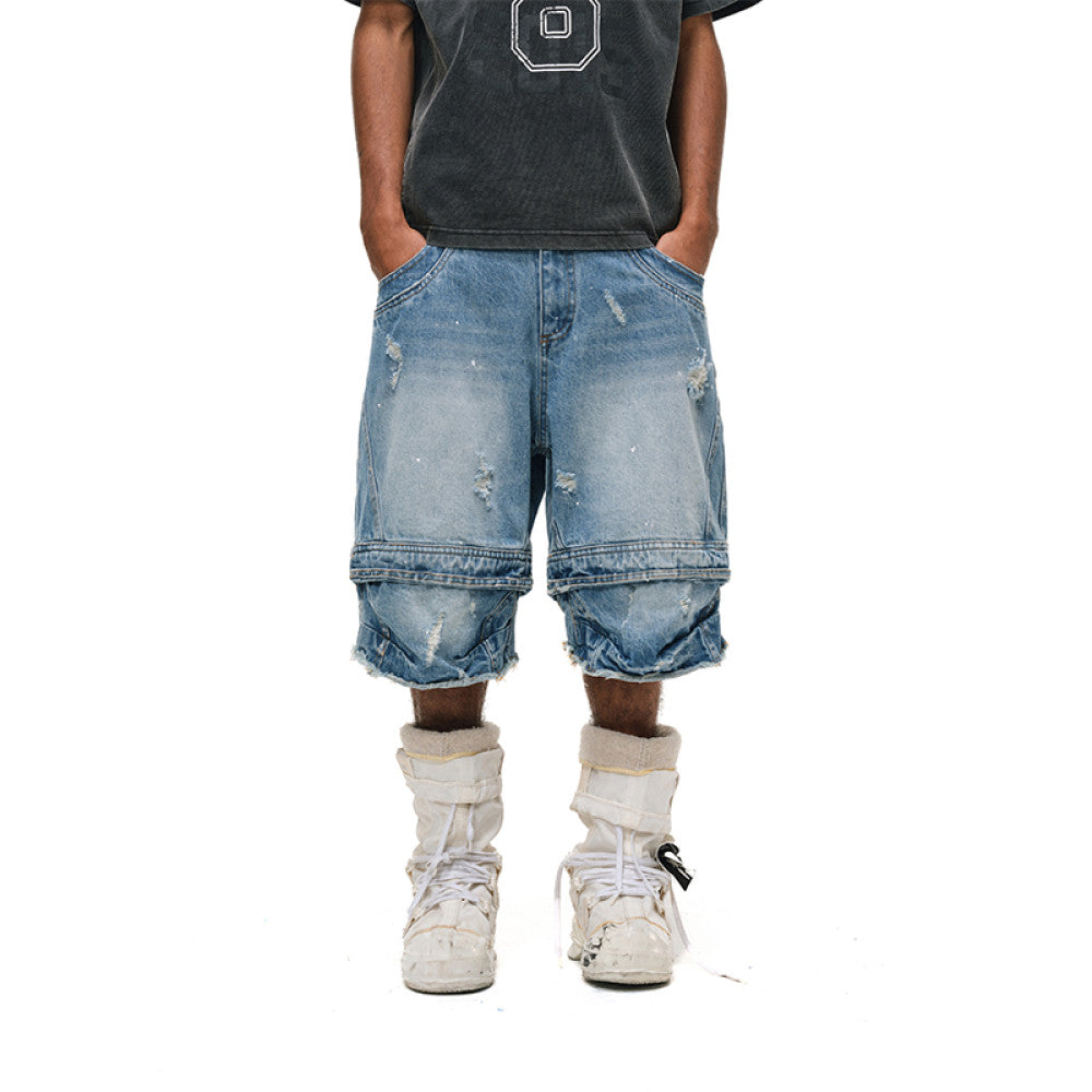 ANTIDOTE Destruction Ink Splash Denim Cropped Pants Retro Workwear Shorts Washed Splicing Five point Wide leg Pants Mid length Pants image 3