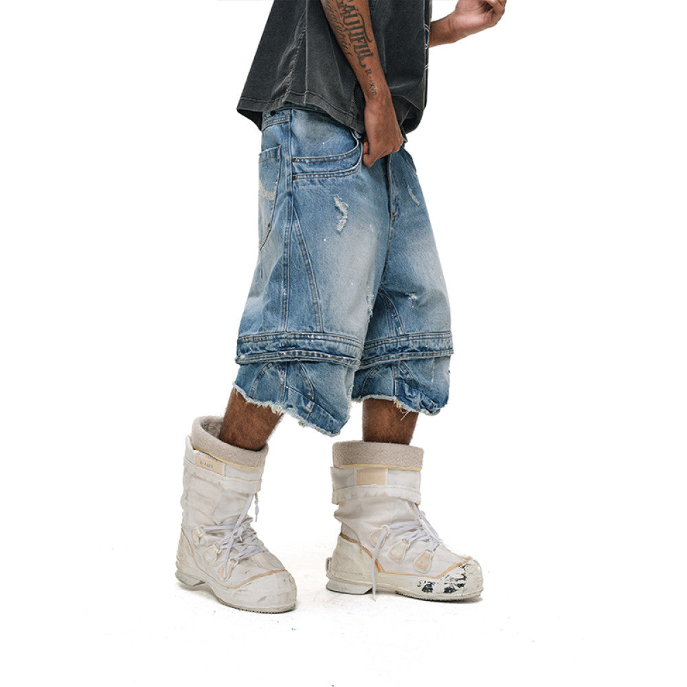 ANTIDOTE Destruction Ink Splash Denim Cropped Pants Retro Workwear Shorts Washed Splicing Five point Wide leg Pants Mid length Pants image 4