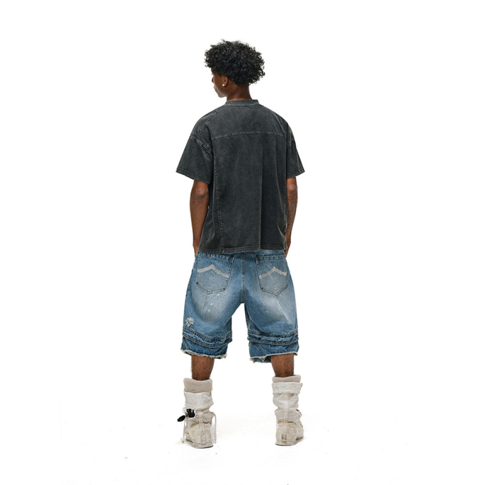 ANTIDOTE Destruction Ink Splash Denim Cropped Pants Retro Workwear Shorts Washed Splicing Five point Wide leg Pants Mid length Pants image 5