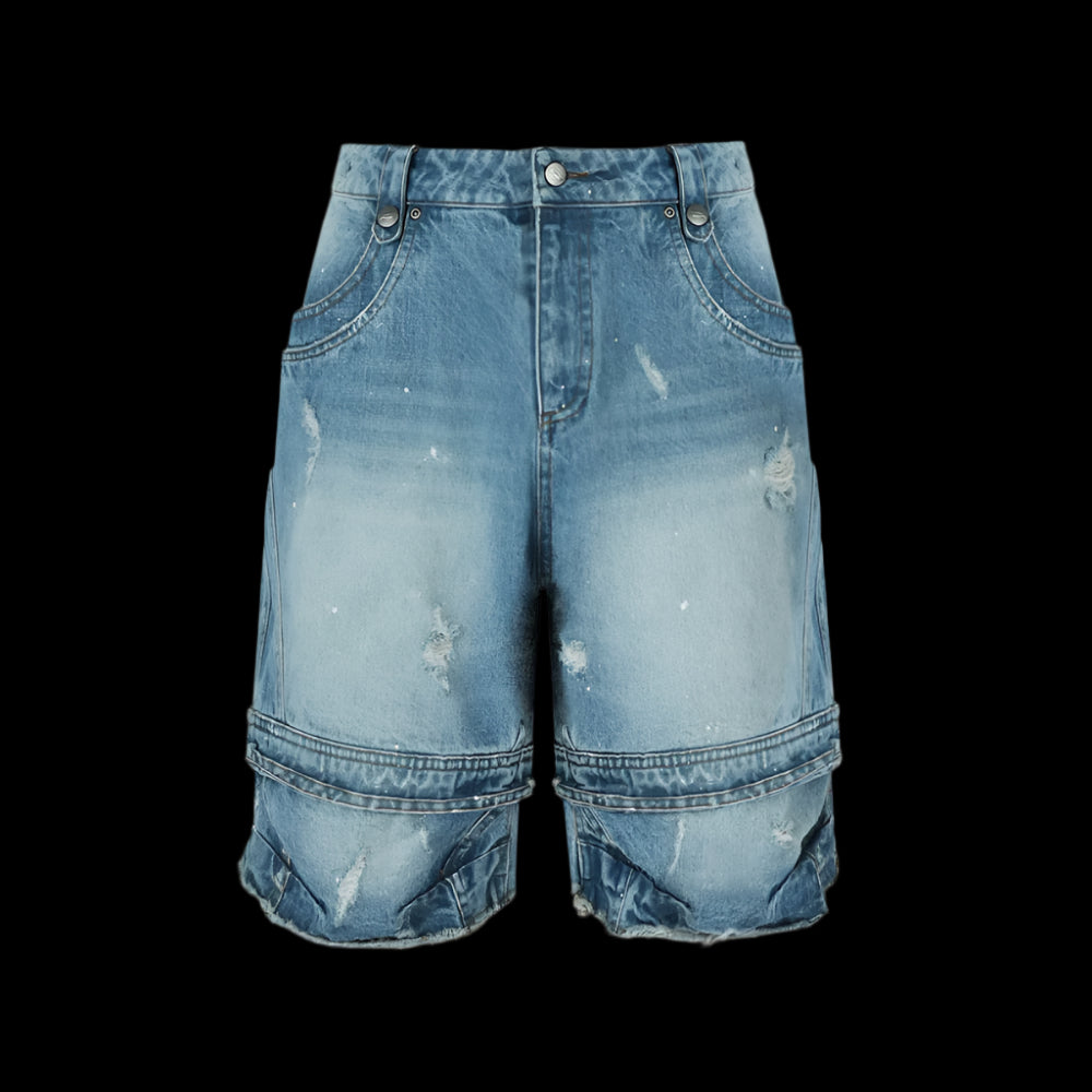 ANTIDOTE Destruction Ink Splash Denim Cropped Pants Retro Workwear Shorts Washed Splicing Five point Wide leg Pants Mid length Pants image 0