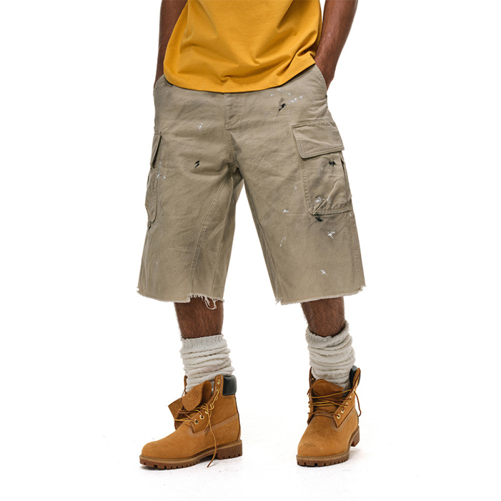 ANTIDOTE destroyed washed dirty casual cropped pants shorts mid length pants wide leg workwear shorts image 10