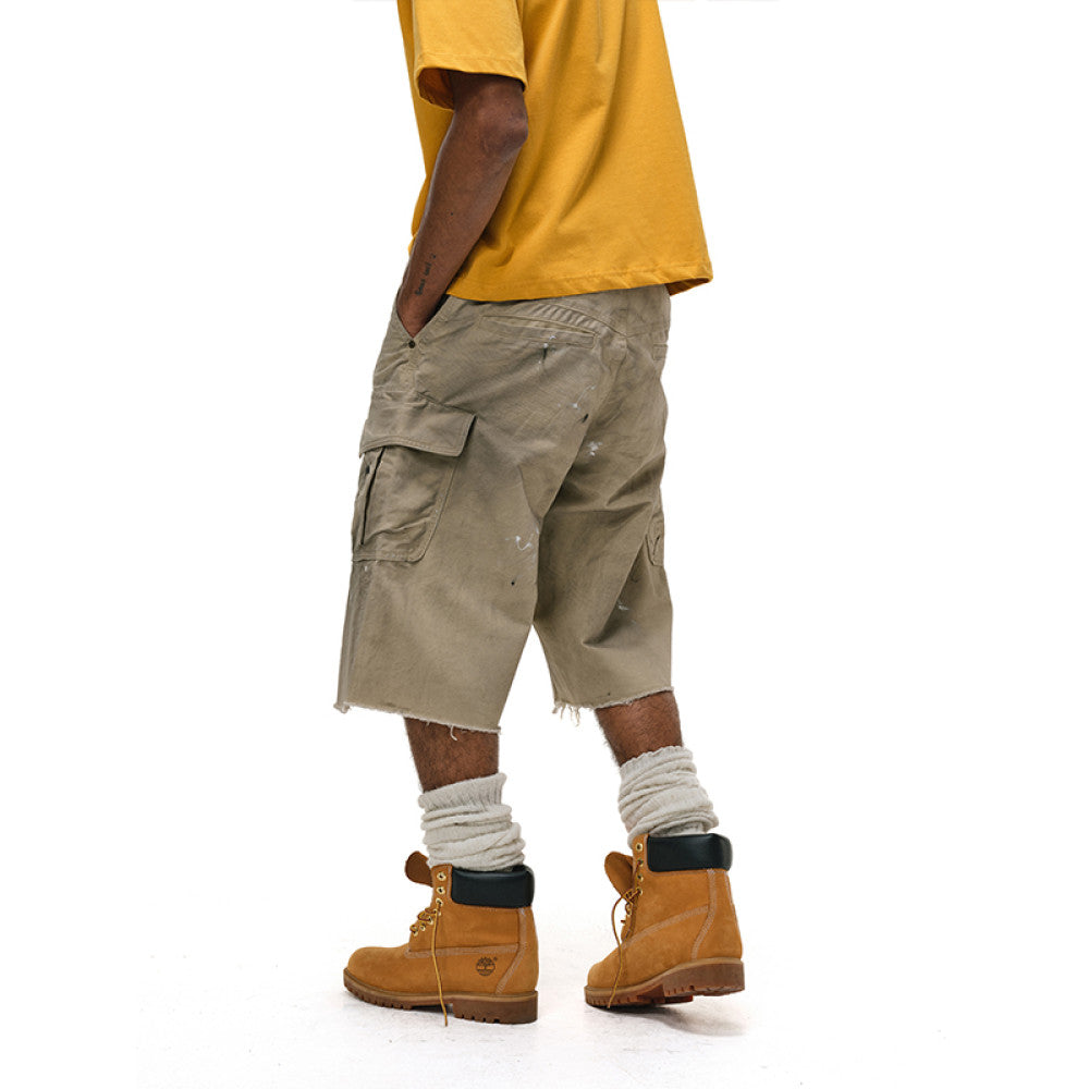 ANTIDOTE destroyed washed dirty casual cropped pants shorts mid length pants wide leg workwear shorts image 11