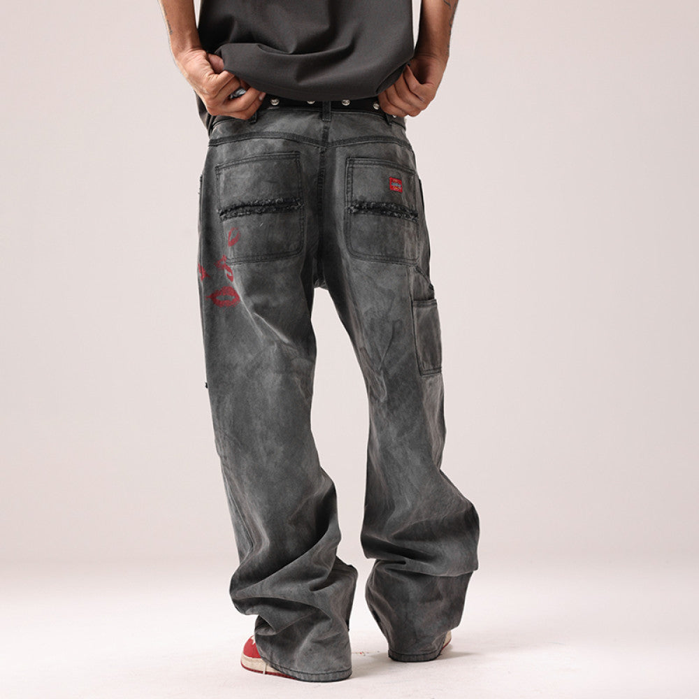 Remedy D kiss National trend loose straight workwear trousers American retro distressed hole casual trousers men image 2