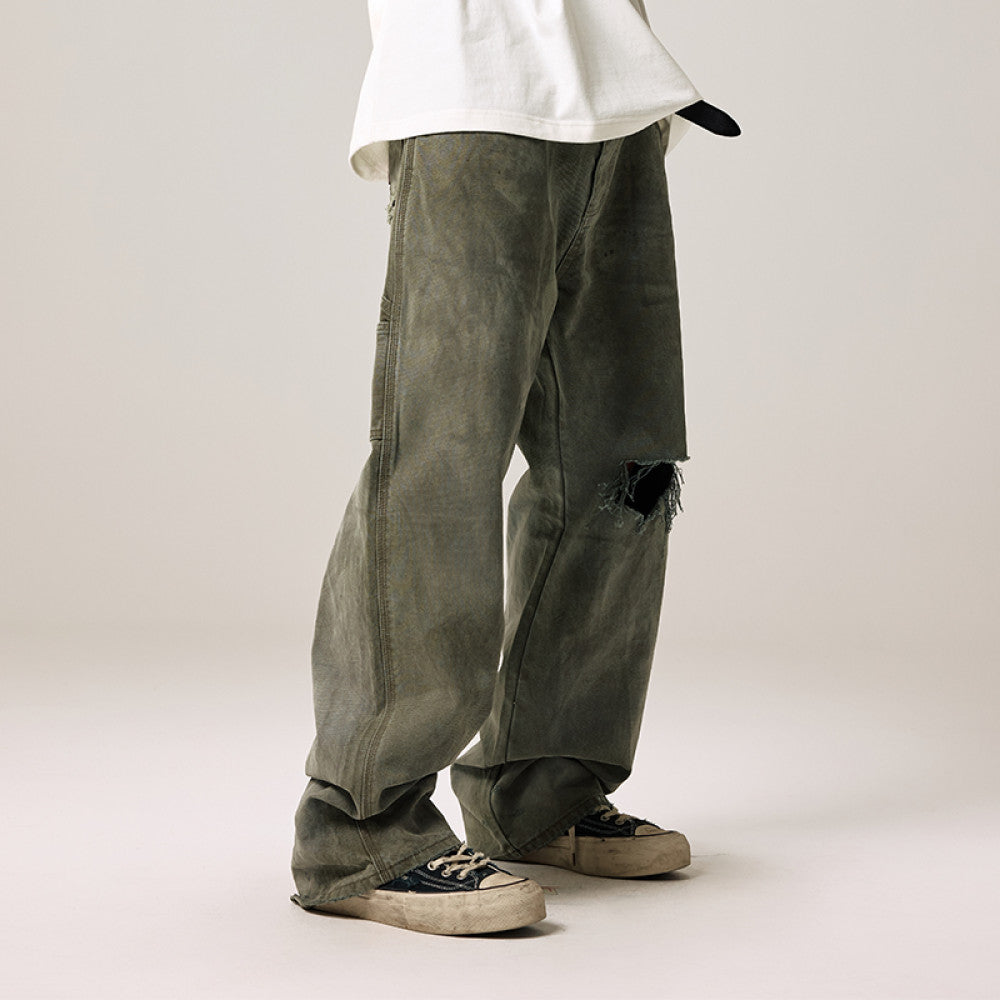 Remedy D kiss National trend loose straight workwear trousers American retro distressed hole casual trousers men image 3