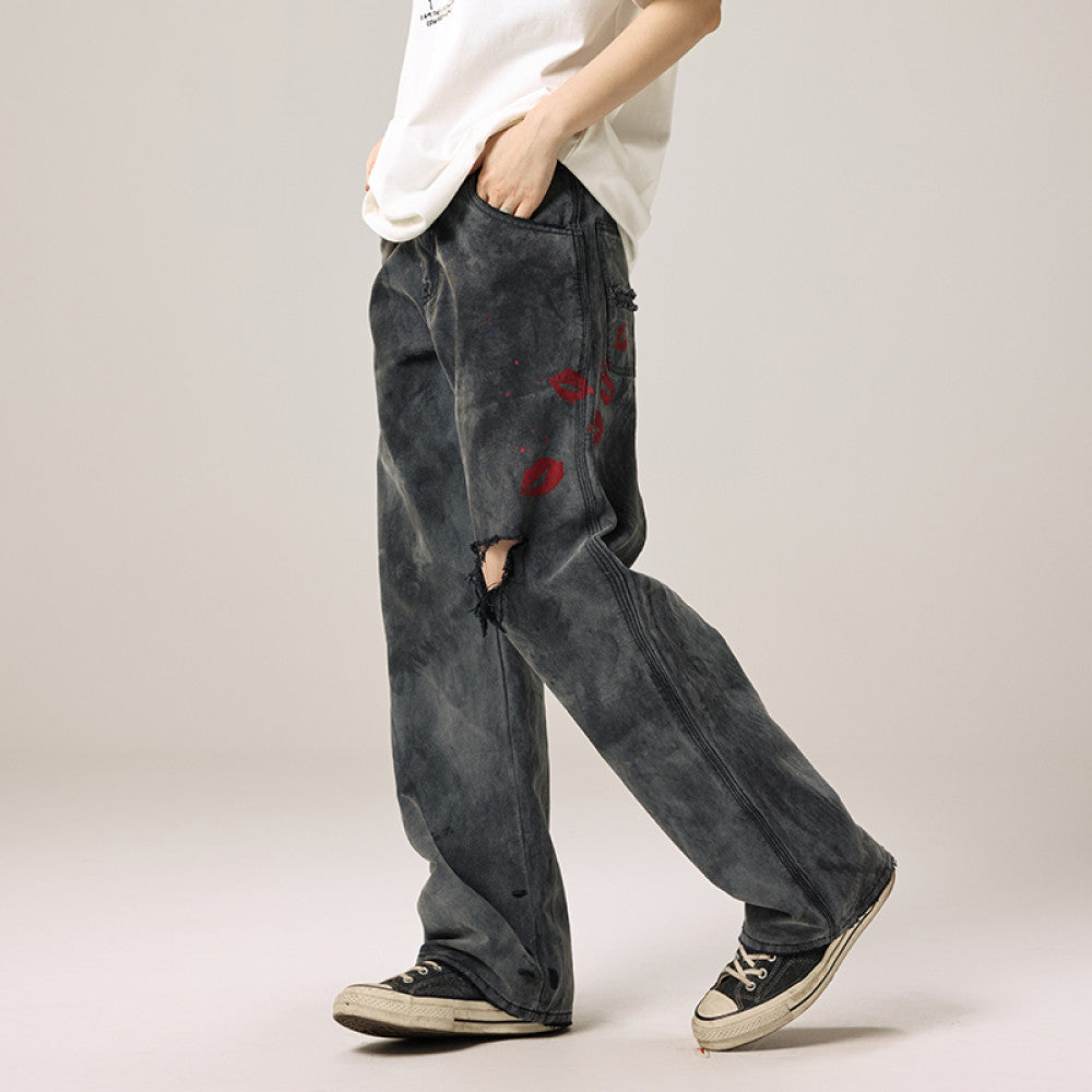 Remedy D kiss National trend loose straight workwear trousers American retro distressed hole casual trousers men image 4