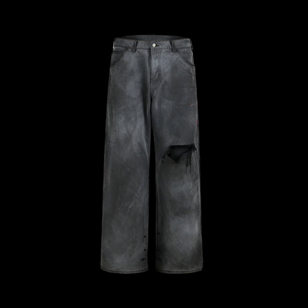Remedy D kiss National trend loose straight workwear trousers American retro distressed hole casual trousers men image 6