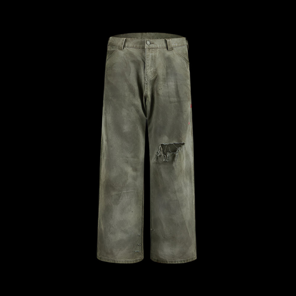 Remedy D kiss National trend loose straight workwear trousers American retro distressed hole casual trousers men image 27