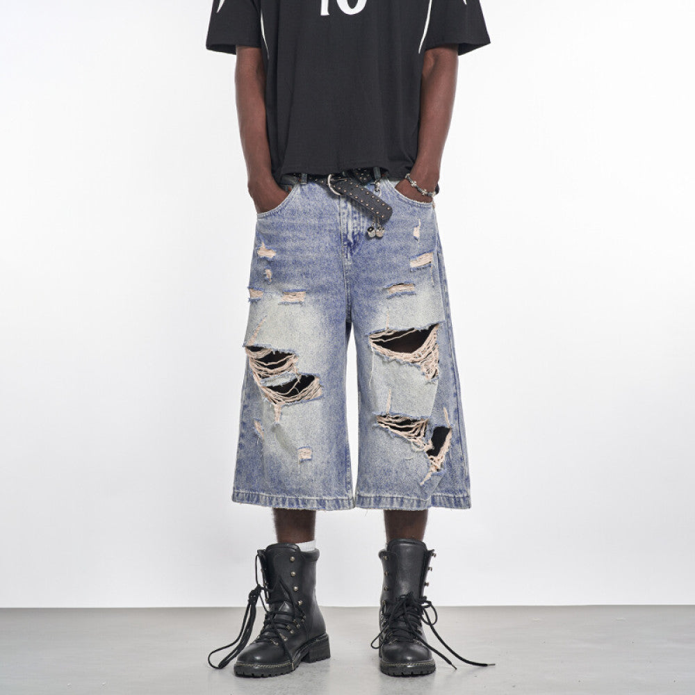 MT99 Official Flagship Store Y2K distressed denim shorts High street trendy men s light blue cropped pants Invoicing available image 1