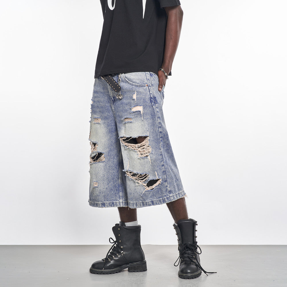 MT99 Official Flagship Store Y2K distressed denim shorts High street trendy men s light blue cropped pants Invoicing available image 2