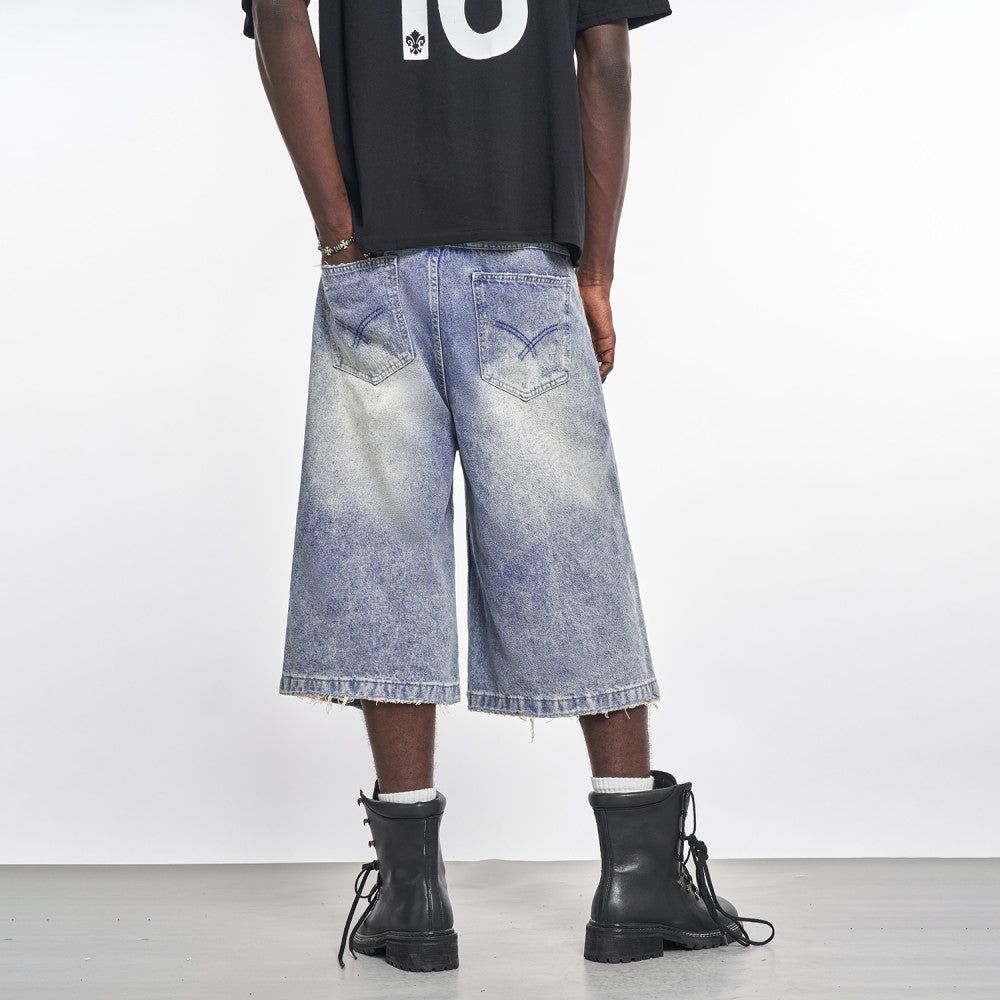MT99 Official Flagship Store Y2K distressed denim shorts High street trendy men s light blue cropped pants Invoicing available image 3