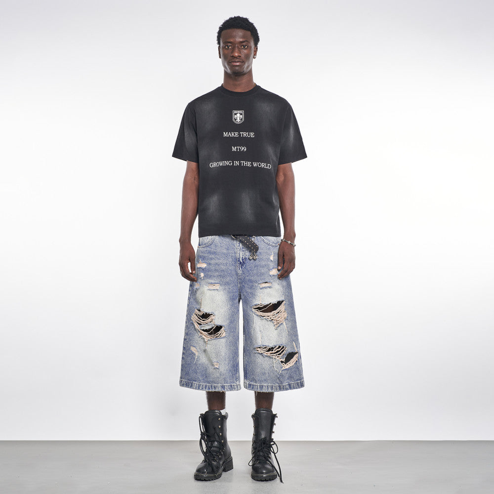 MT99 Official Flagship Store Y2K distressed denim shorts High street trendy men s light blue cropped pants Invoicing available image 4