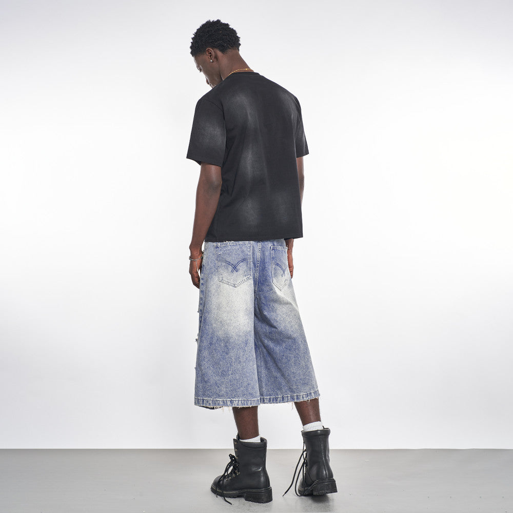 MT99 Official Flagship Store Y2K distressed denim shorts High street trendy men s light blue cropped pants Invoicing available image 5