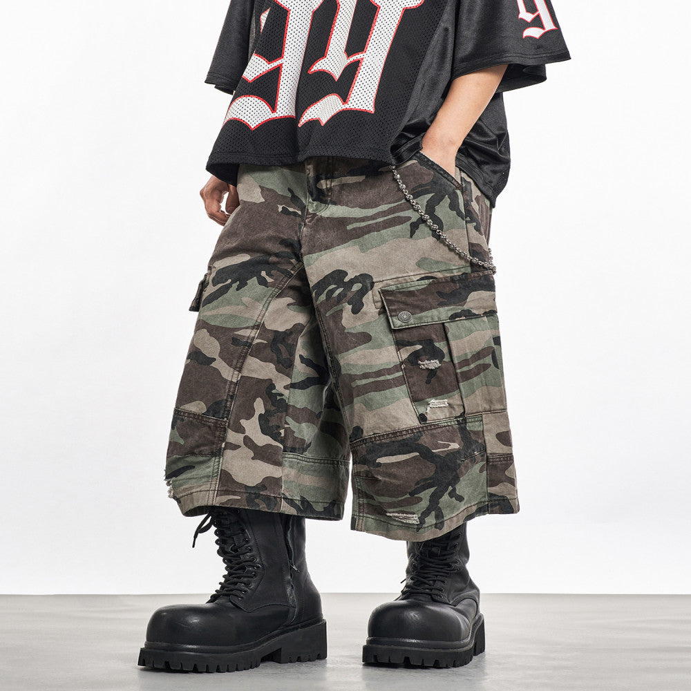 MT99 Camping Street Style Camouflage Shorts Retro Military Style Three Dimensional Ripped Multi Pocket Cropped Pants for Men image 3