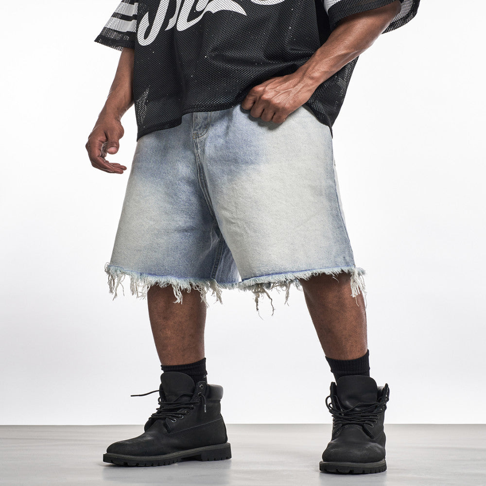 MT99 Frayed edge design gradient denim shorts High street retro street style unisex shorts image 2