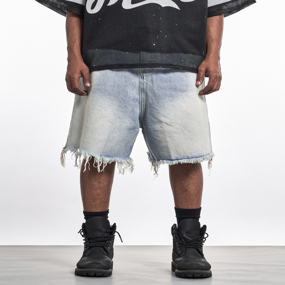 MT99 Frayed edge design gradient denim shorts High street retro street style unisex shorts image 3