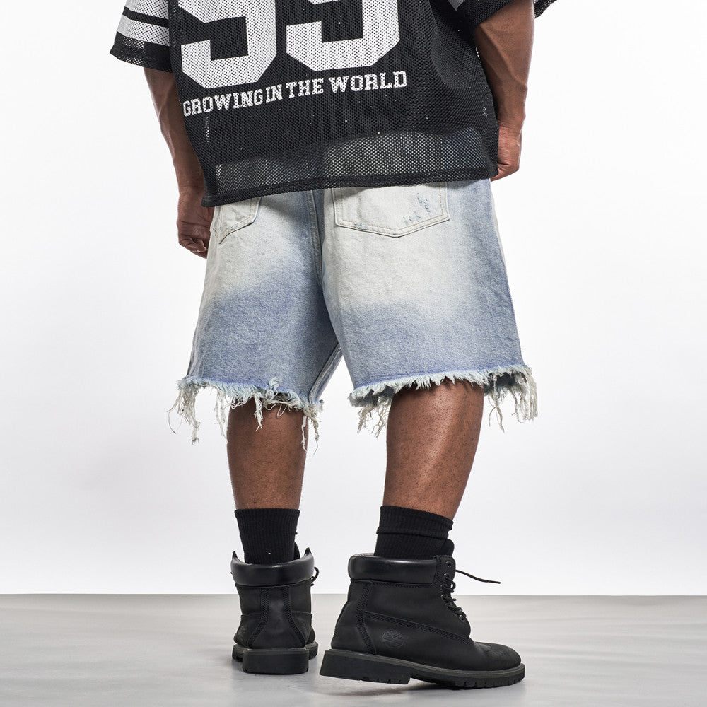 MT99 Frayed edge design gradient denim shorts High street retro street style unisex shorts image 4