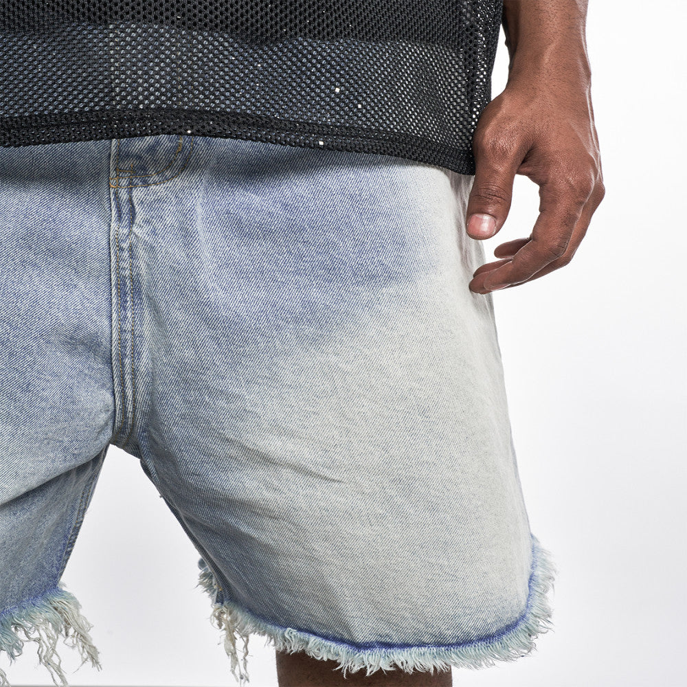 MT99 Frayed edge design gradient denim shorts High street retro street style unisex shorts image 6