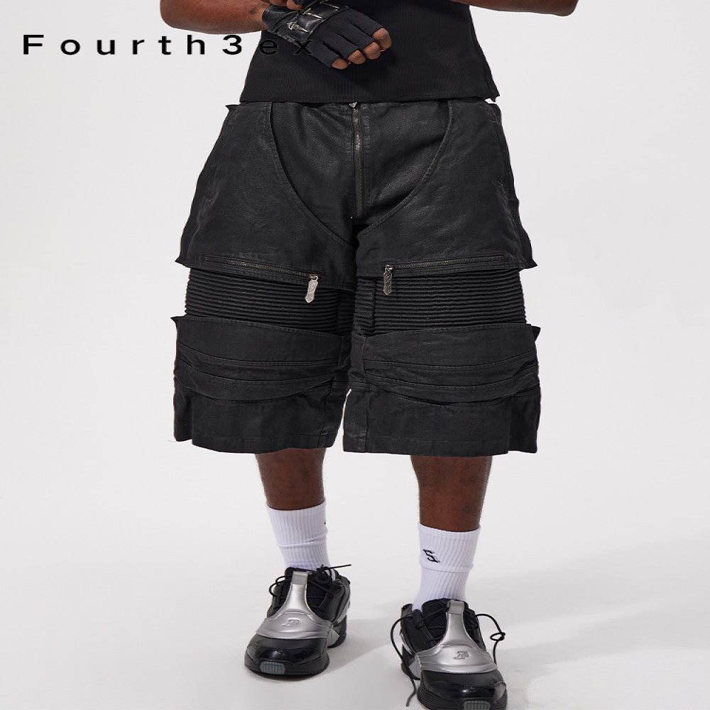 Fourth3ex 25Ss Wild Boy 3D Cut Western Waxed Denim Splicing Motorcycle Cropped Shorts More than 100 people purchased image 1