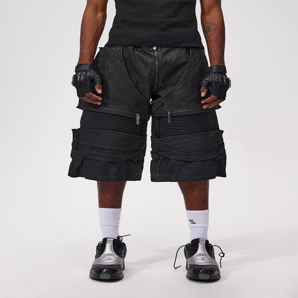 Fourth3ex 25Ss Wild Boy 3D Cut Western Waxed Denim Splicing Motorcycle Cropped Shorts More than 100 people purchased image 3