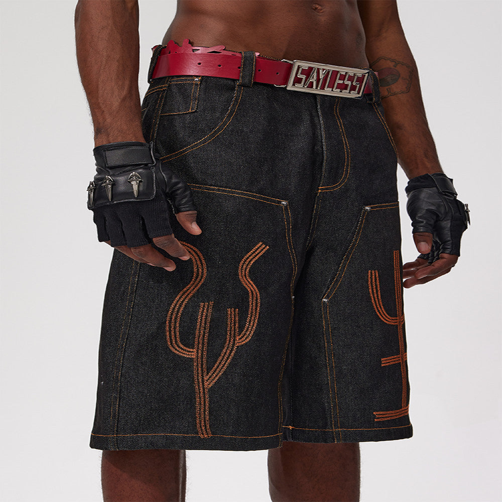Fourth3ex 25Ss Heavy duty high end original design embroidered text red ear original denim shorts six point pants image 0