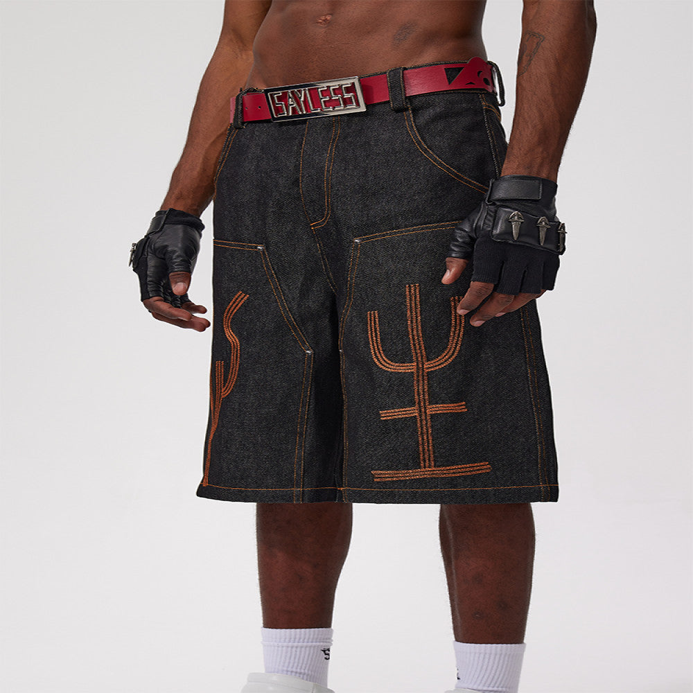 Fourth3ex 25Ss Heavy duty high end original design embroidered text red ear original denim shorts six point pants image 1