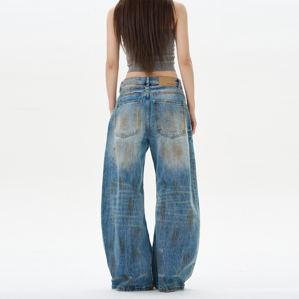 Oulang s store American style retro loose and dirty jeans men s niche design distressed cat whisker pants couple trend image 2