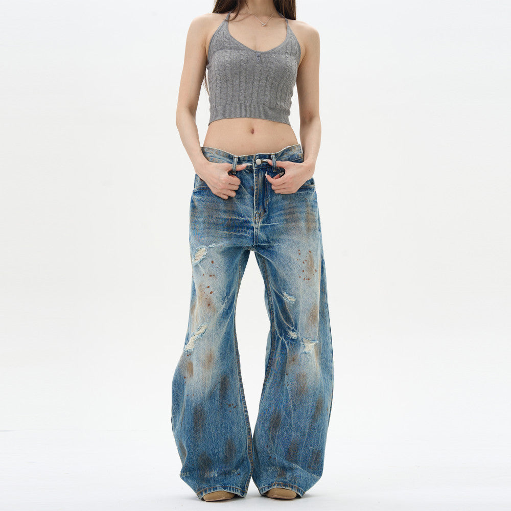 Oulang s store American style retro loose and dirty jeans men s niche design distressed cat whisker pants couple trend image 4