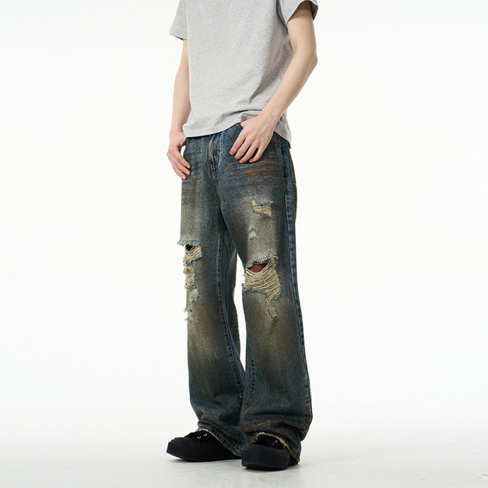 Oulang s store American style high street vintage ripped jeans men s trendy brand cool and trendy explosive street straight leg loose pants couple image 2