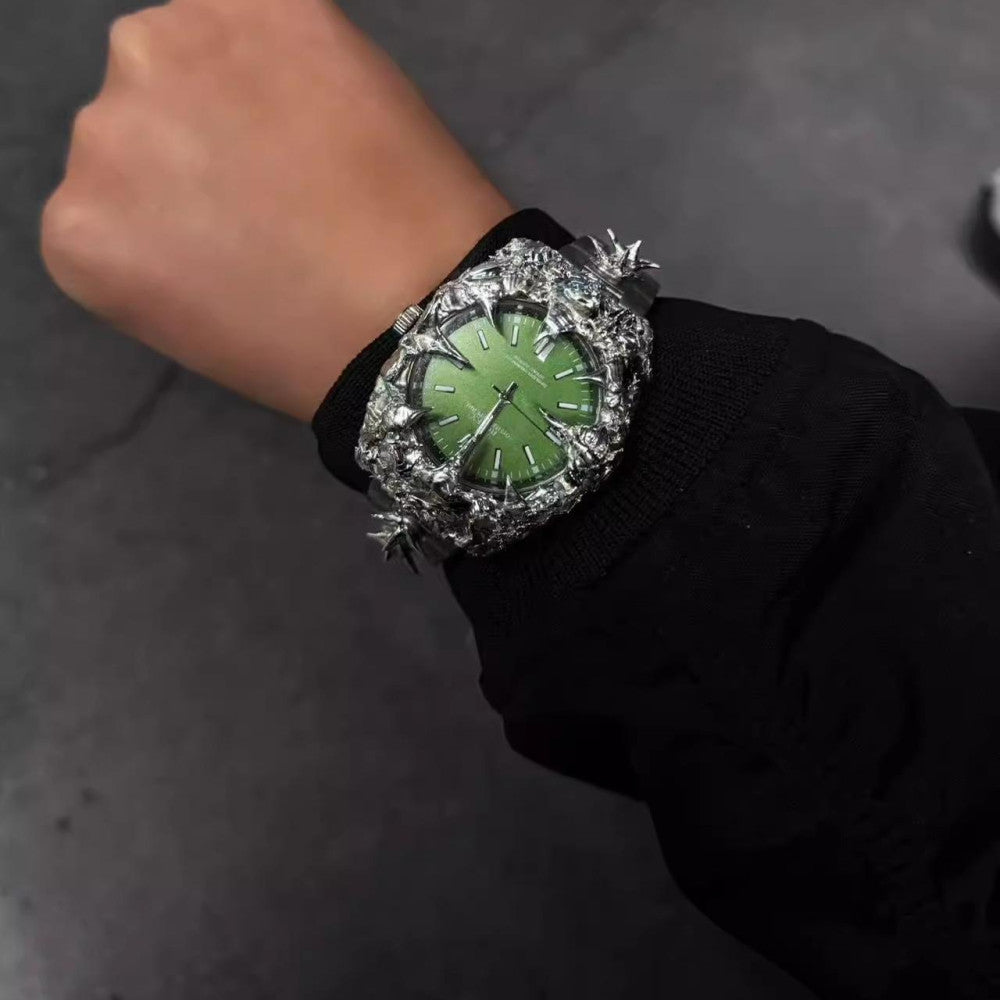 Original handmade European and American irregular green water monster dragon scale pointed tin plated watch light luxury niche design heavy industry trend image 5