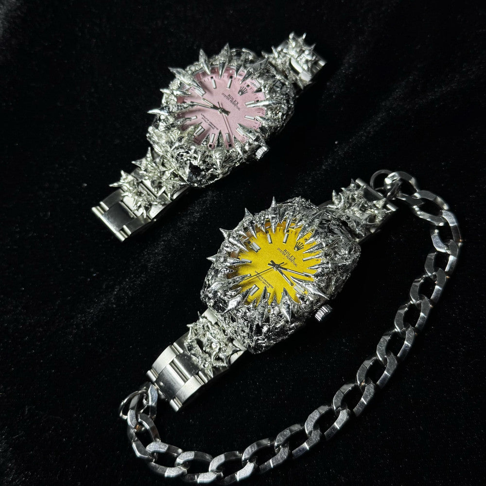 Original handmade European and American shaped pink yellow green snake scale pointed tin solder watch light luxury niche design heavy industry trend image 0