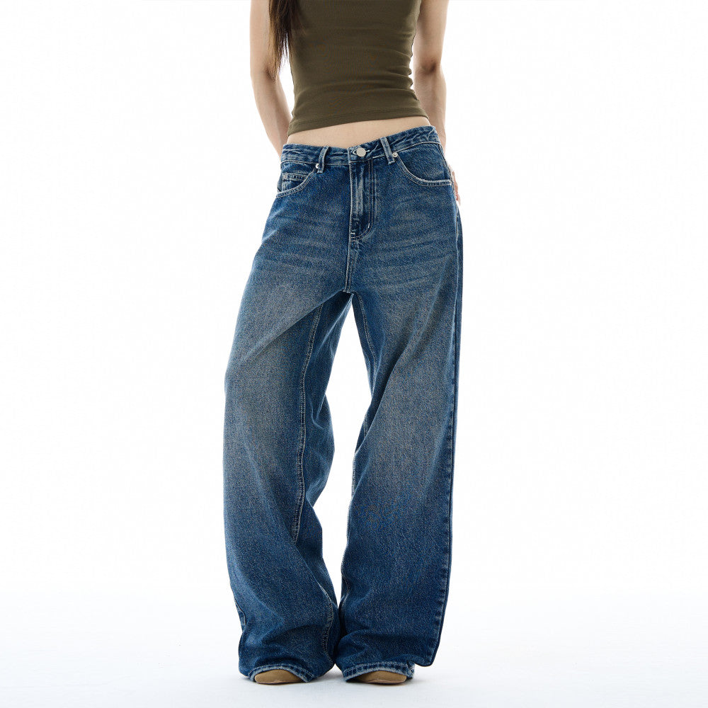 Oulang s store American high street straight tube loose wide leg jeans with men s and women s design sense fabric patch pants couple trendy brand image 2
