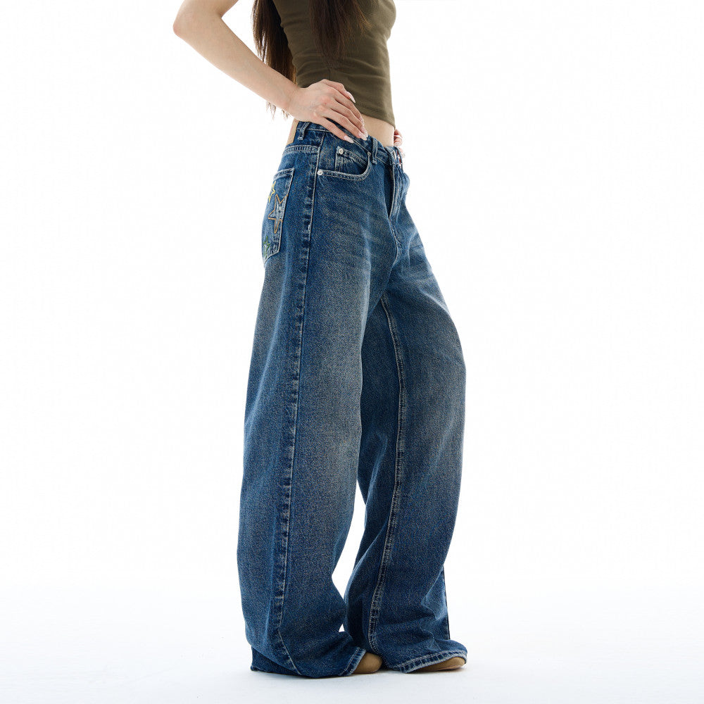 Oulang s store American high street straight tube loose wide leg jeans with men s and women s design sense fabric patch pants couple trendy brand image 4