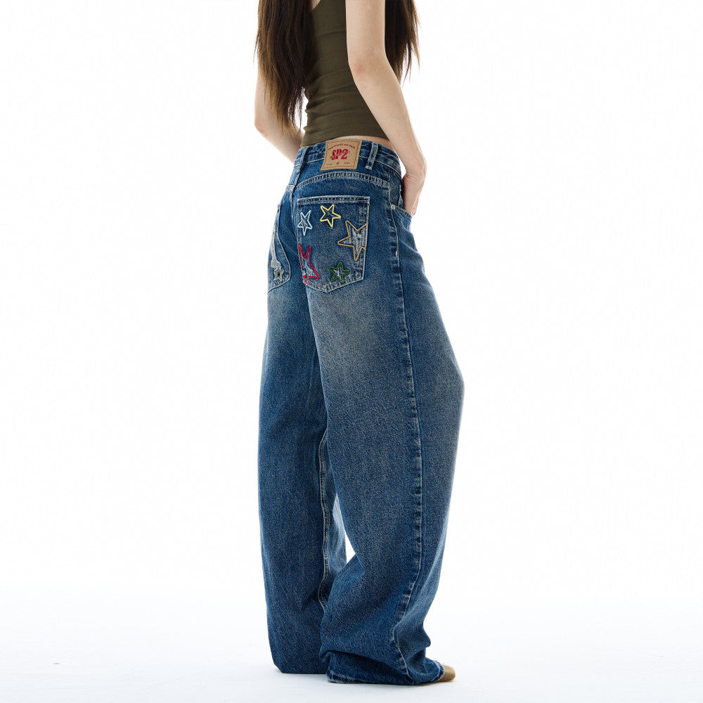 Oulang s store American high street straight tube loose wide leg jeans with men s and women s design sense fabric patch pants couple trendy brand image 5