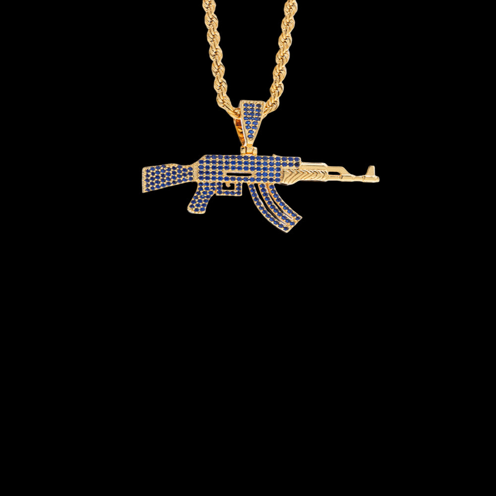 LUXTA Gold Blue Diamond Pistol Pendant Hip Hop Street Necklace Jewelry High Quality image 4