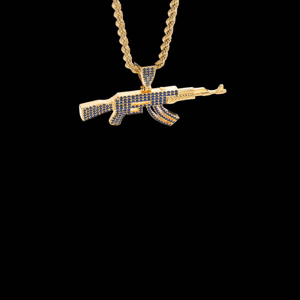 LUXTA Gold Blue Diamond Pistol Pendant Hip Hop Street Necklace Jewelry High Quality image 5